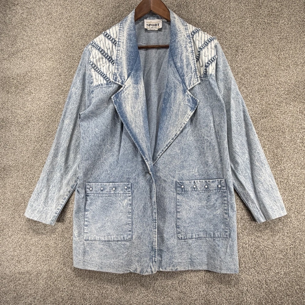 VTG Sunny Sport 8 Distressed Western‎ Boho Denim Jacket Duster Acid Wash 80s 90s